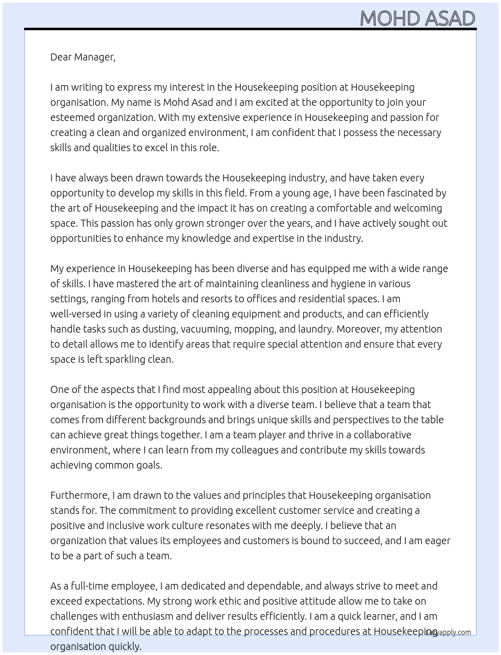 Housekeeping At Housekeeping organisation Cover Letter