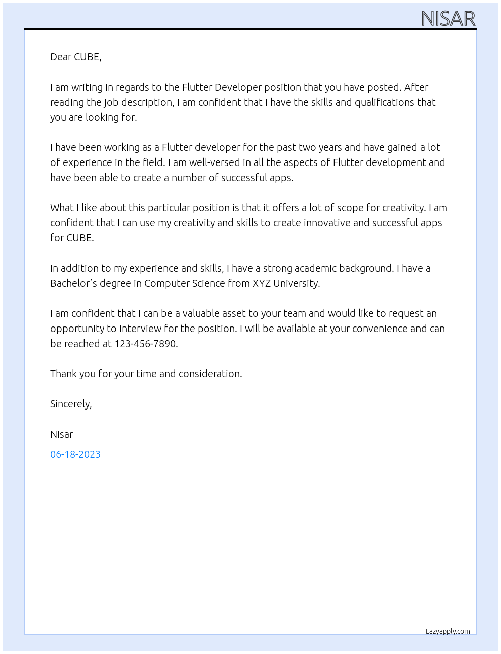 flutter developer At CUBE Cover Letter