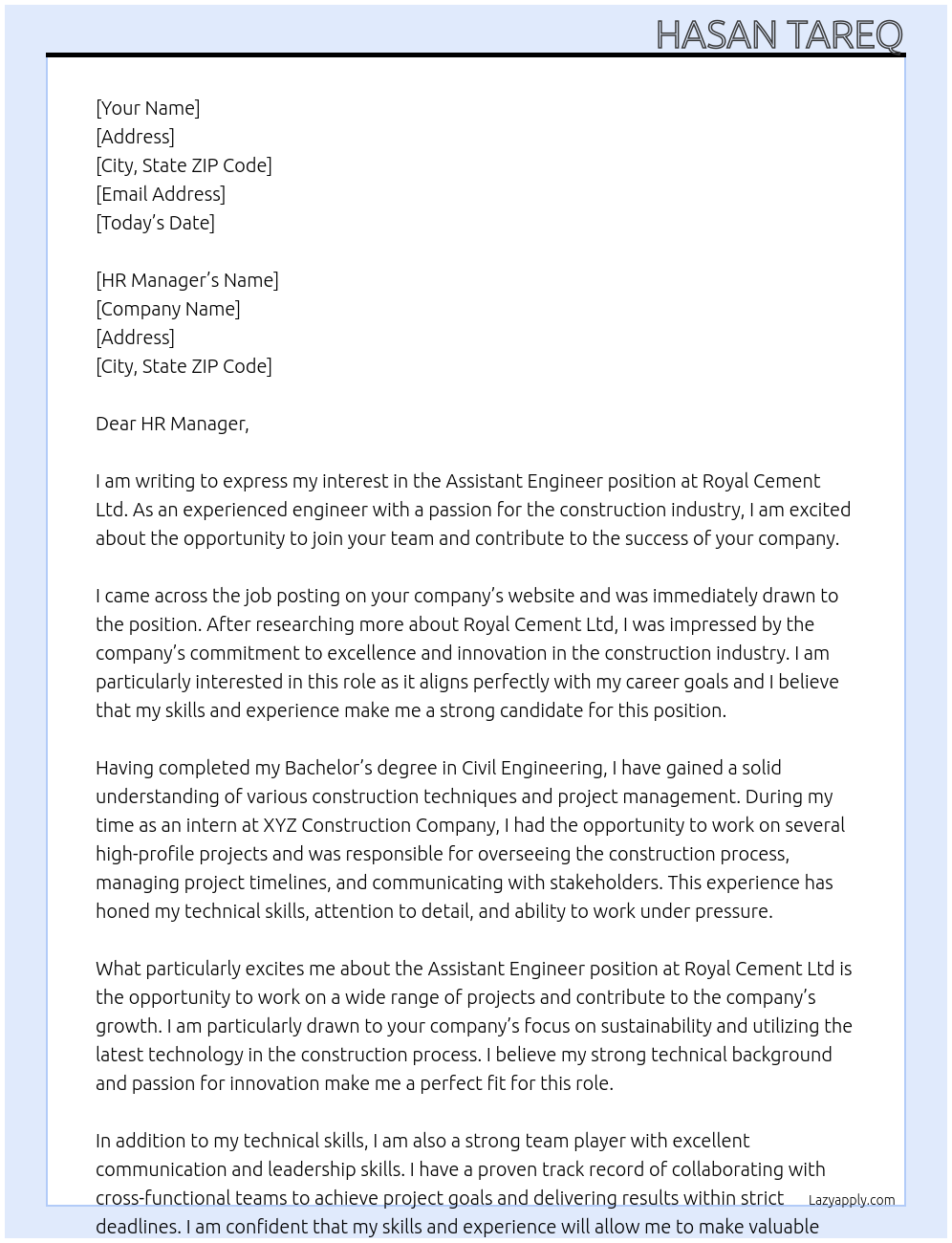 Assistant Engineer At Royal Cement Ltd. Cover Letter