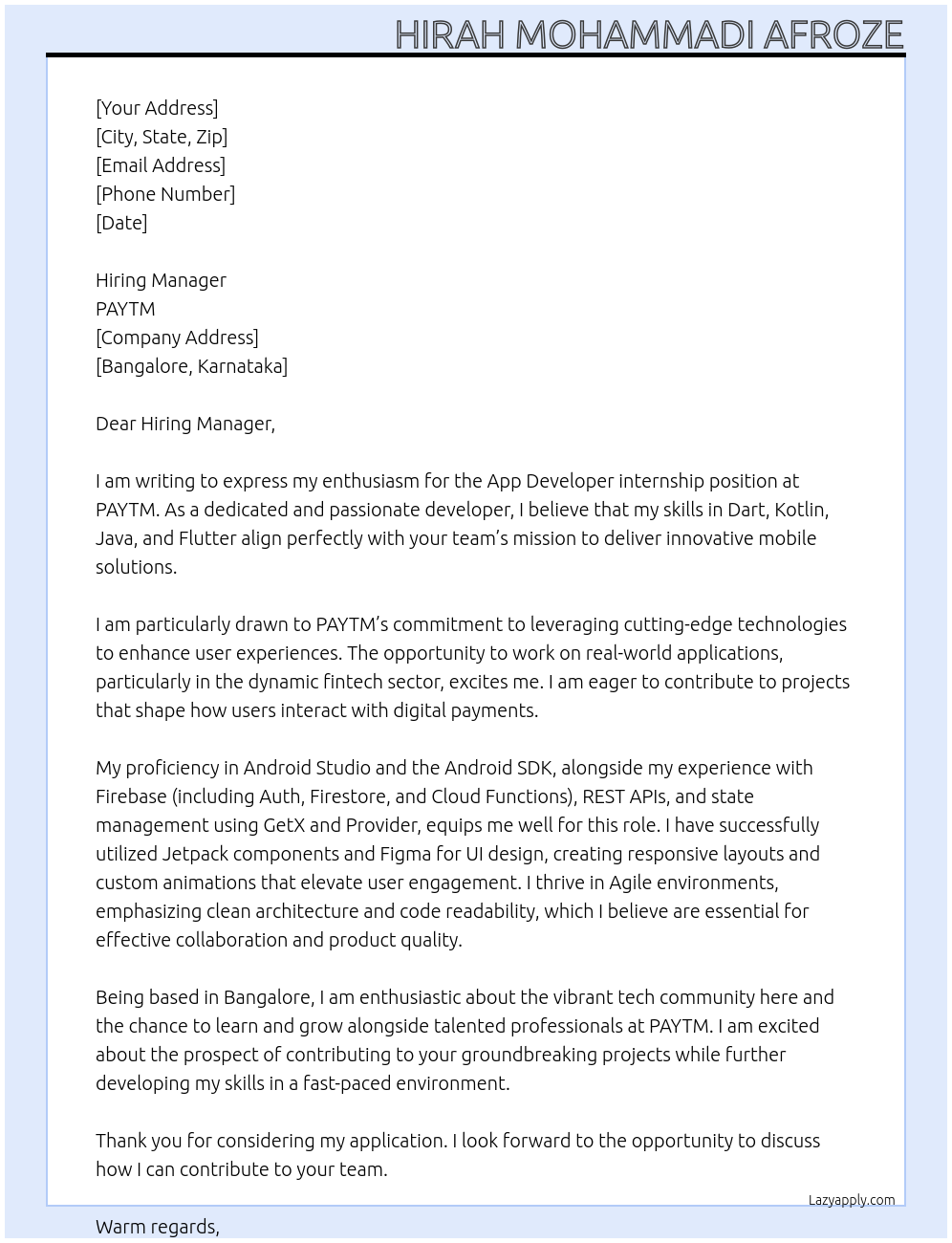 App developer At PAYTM Cover Letter