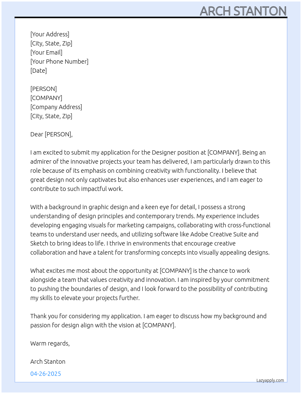 Cover letter for designer - LazyApply