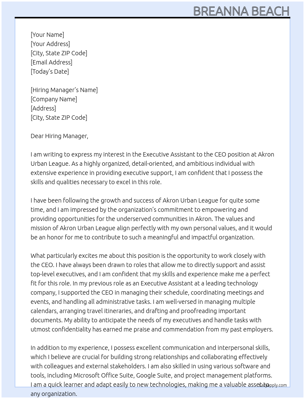 Executive Assistant to the CEO At Akron Urban League Cover Letter