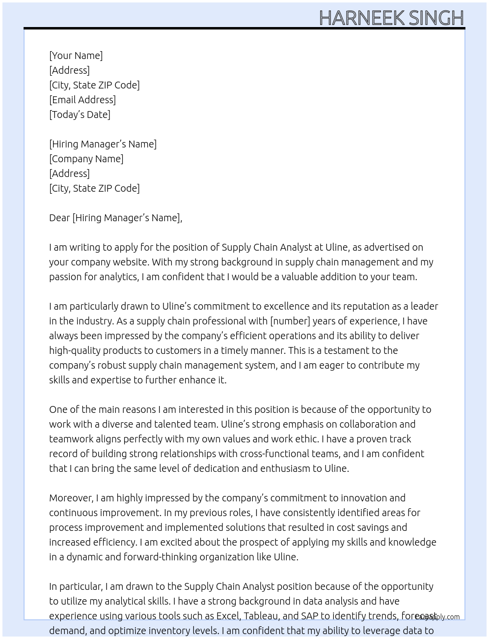 supply chain analyst At uline Cover Letter