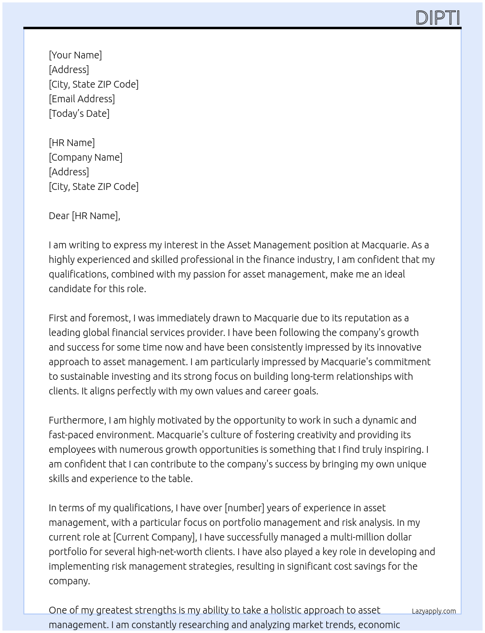 Asset management At Macquarie Cover Letter