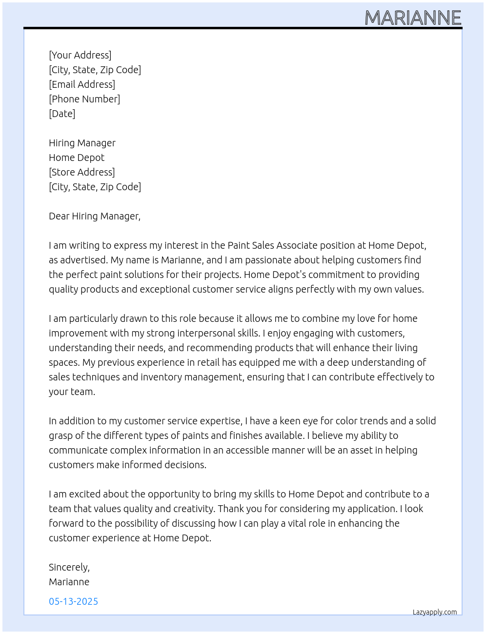 Paint sales associate At Home depot Cover Letter