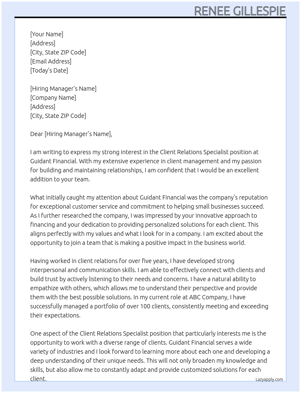 Client relations specialist At GUIDANT FINANCIAL Cover Letter