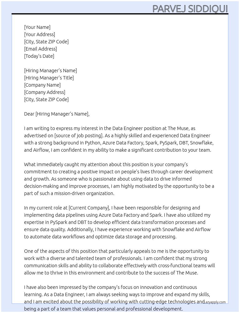 Data Engineer At The Muse Cover Letter