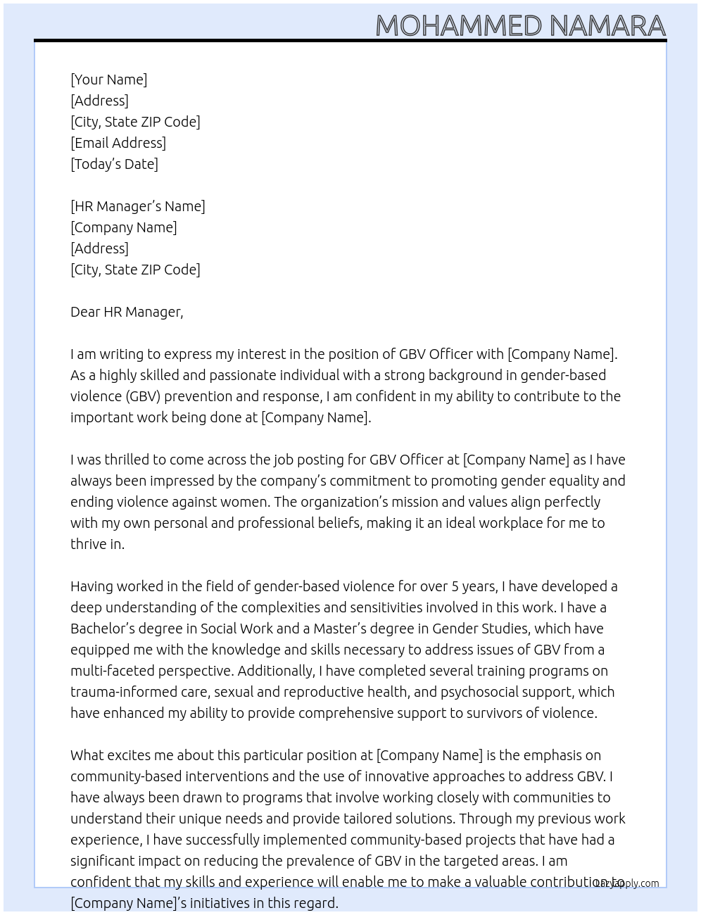 GBV Officer At MAP Cover Letter