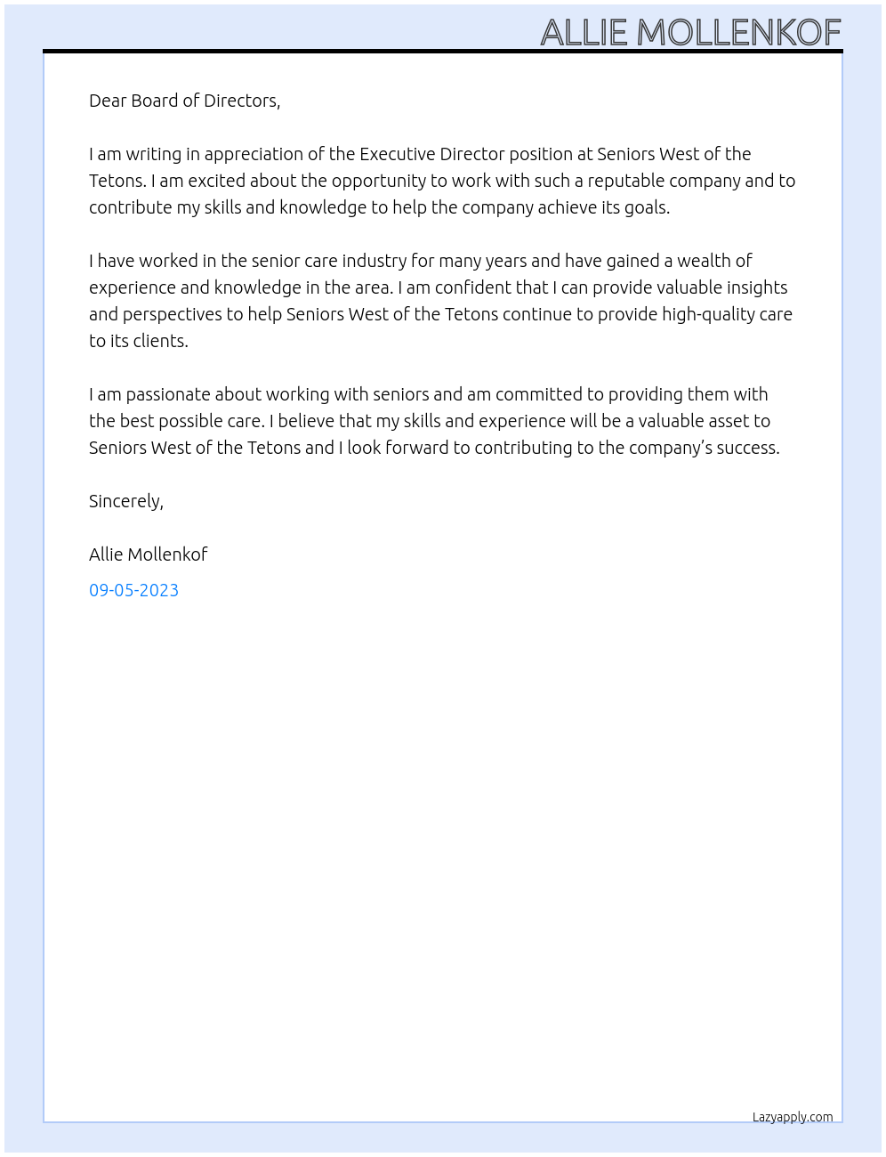 Executive Director At Seniors West of the Tetons Cover Letter