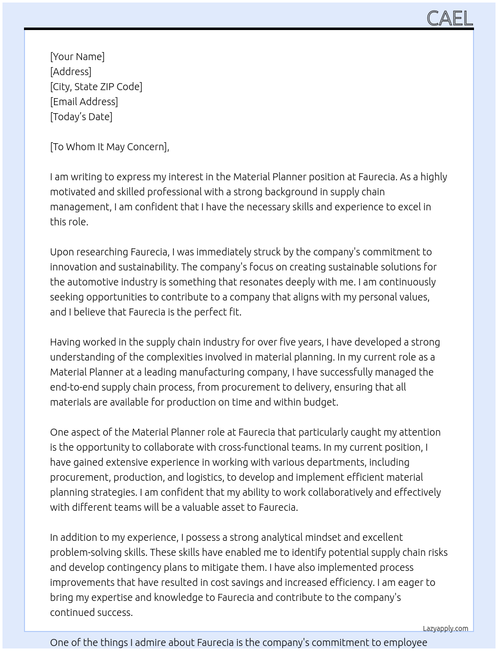 Material planner At Faurecia Cover Letter