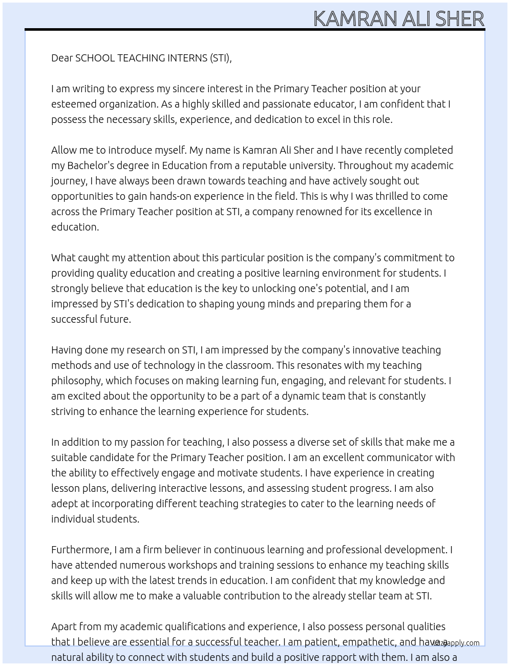 Primary teacher At SCHOOL TEACHING INTERNS (STI) Cover Letter
