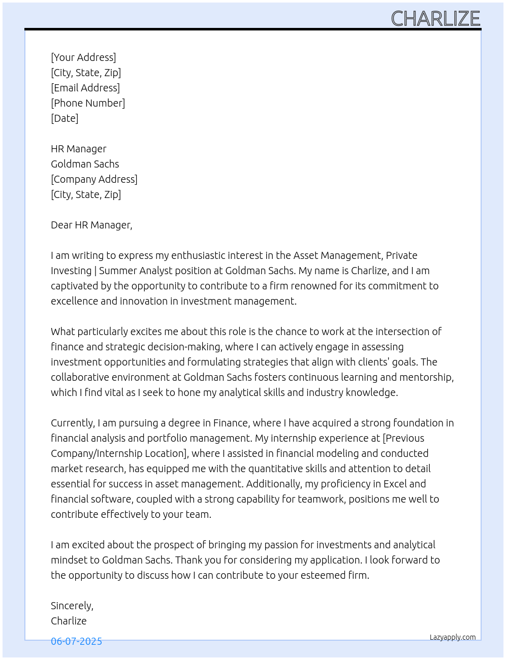 Cover letter for asset management, private investing | summer analyst - LazyApply