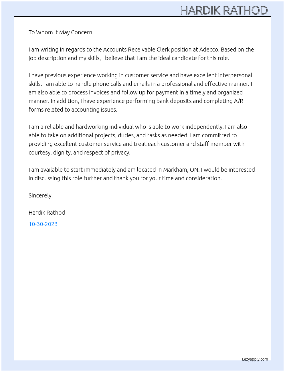 Accounts Receivable Clerk At Adecco Cover Letter