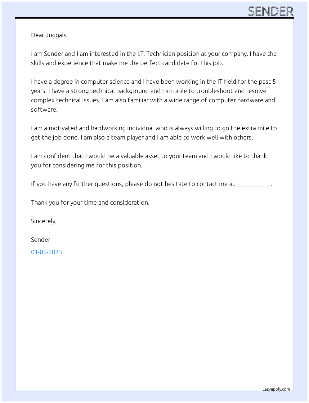 I.T. Technician At Juggals Cover Letter