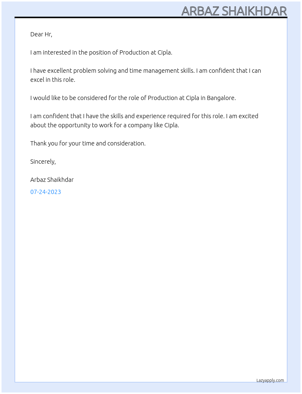 Production  At Cipla Cover Letter