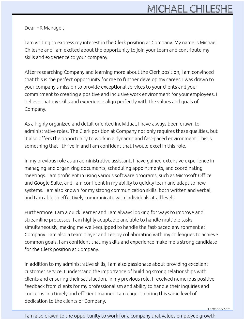 Clerk At Company Cover Letter