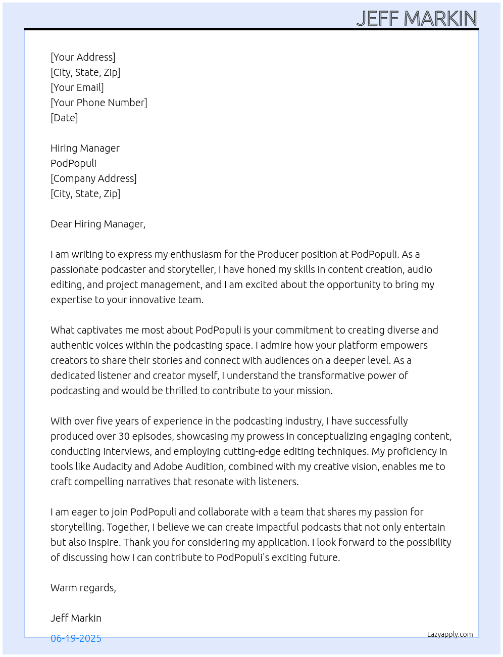 Producer At PodPopuli Cover Letter