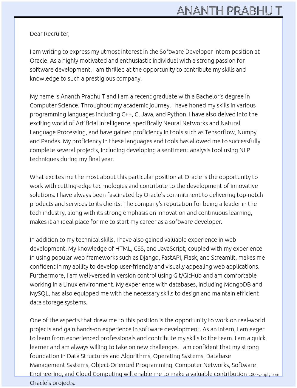 Software Developer Intern At Oracle Cover Letter