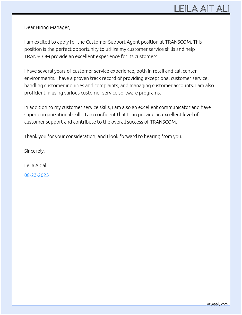 Customer Support Agent At TRANSCOM Cover Letter