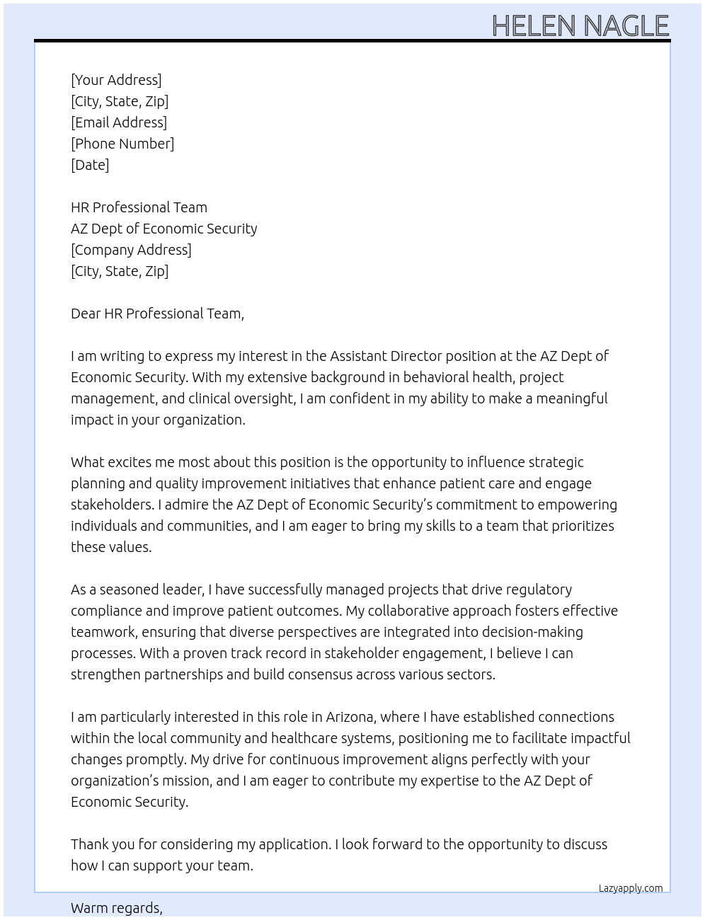 Assistant Director At AZ Dept of Economic Security Cover Letter