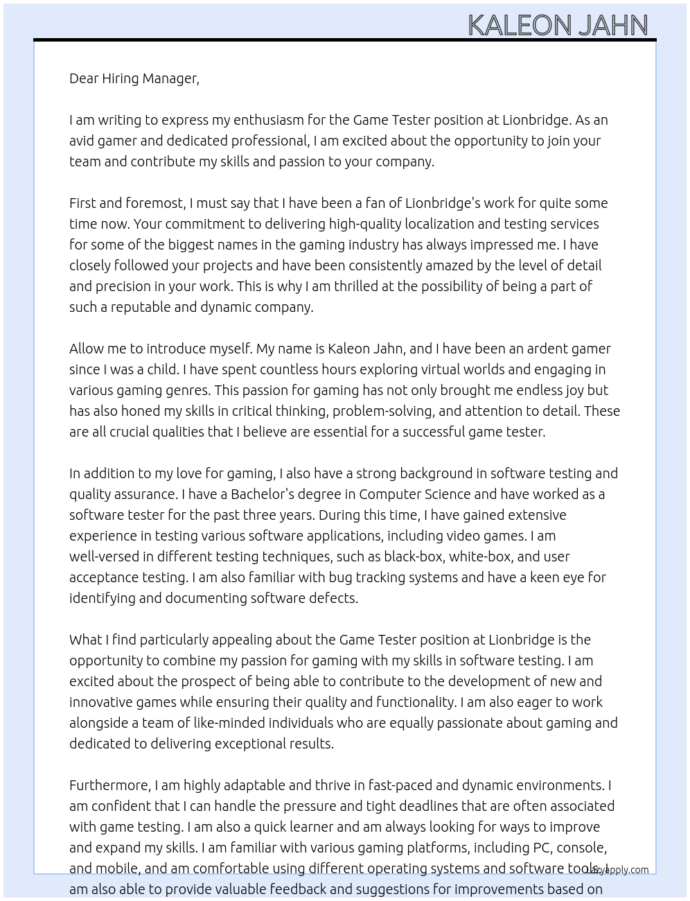 Game tester At Lionbridge Cover Letter