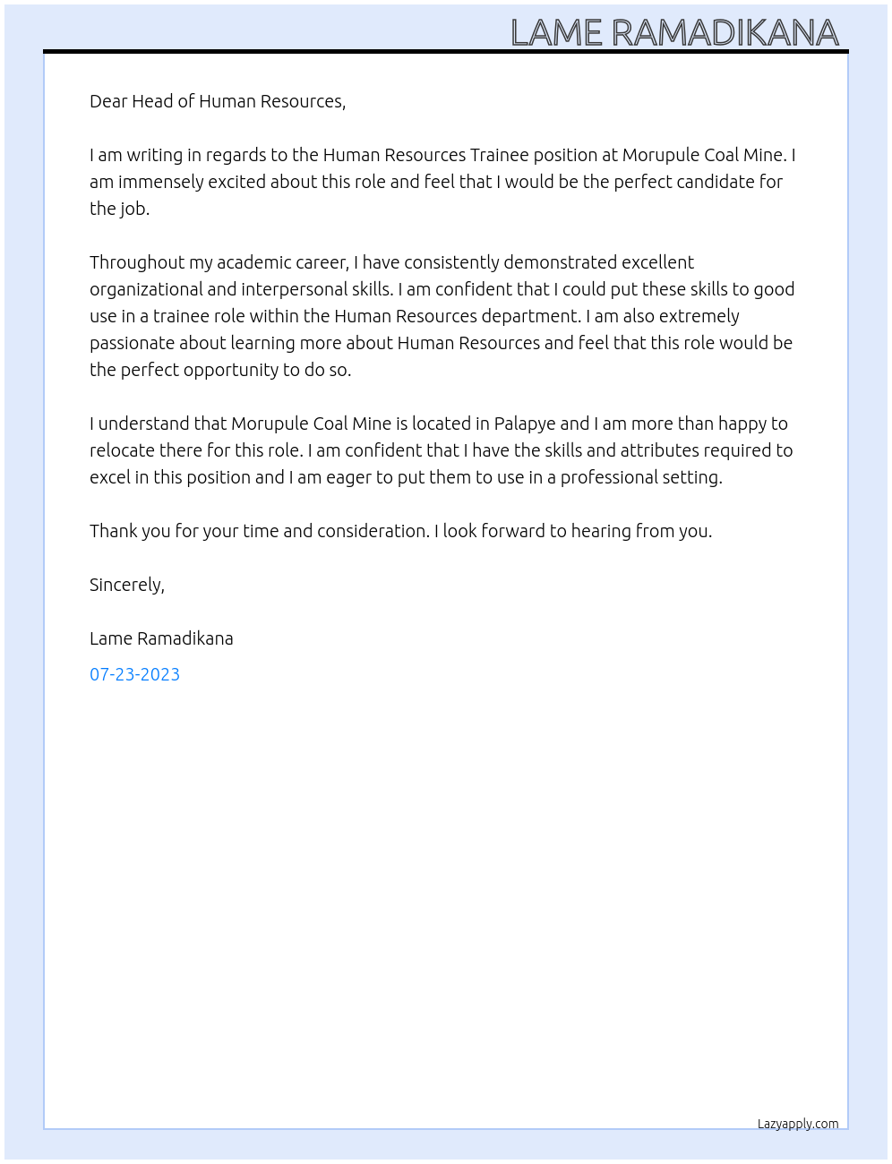 Human Resources Trainee  At Morupule Coal Mine  Cover Letter