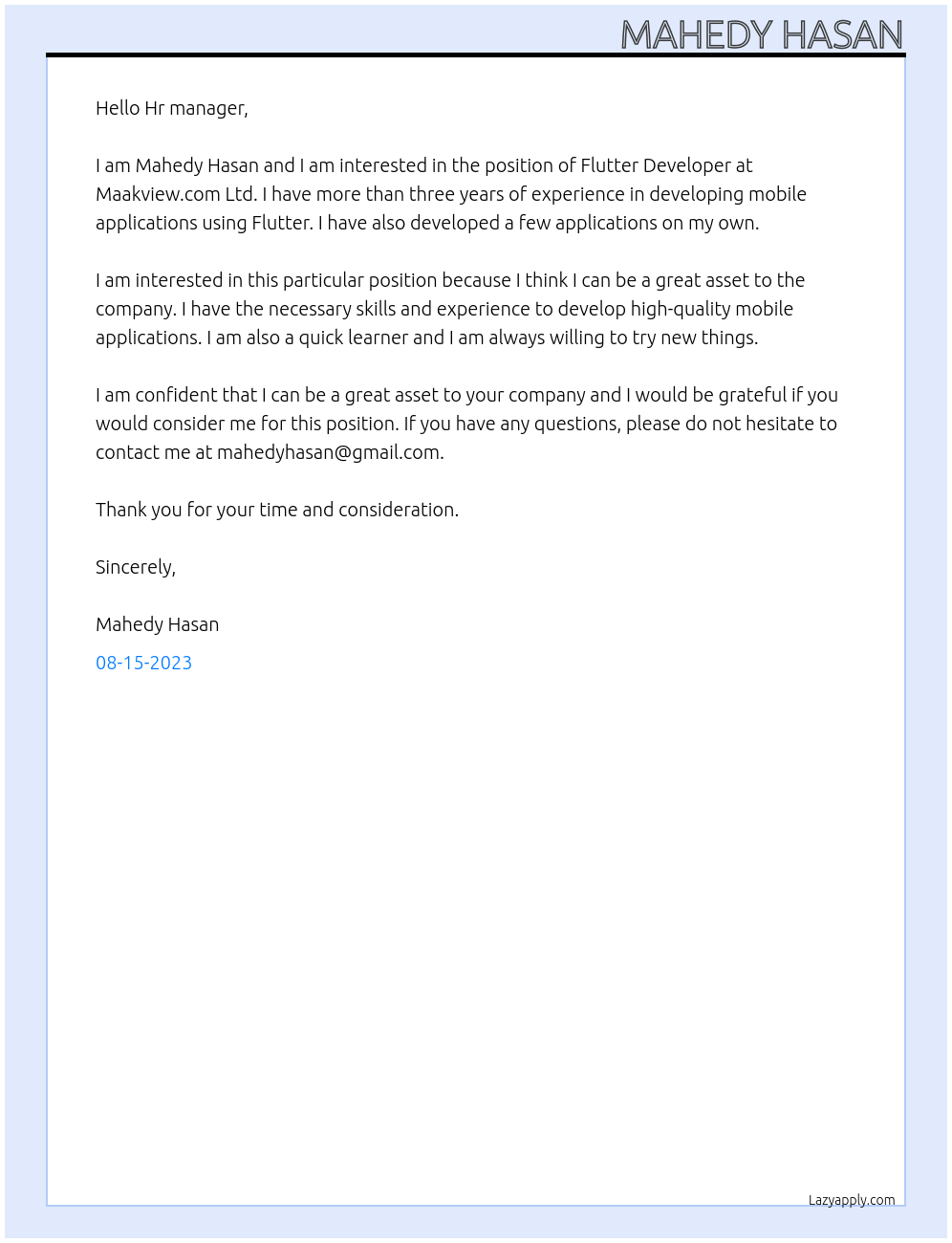 Flutter Developer At Maakview.com Ltd. Cover Letter