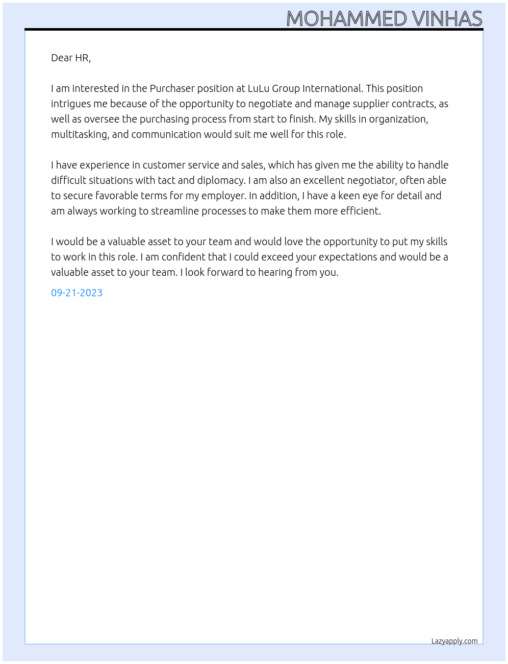 Purchaser At LuLu Group International Cover Letter
