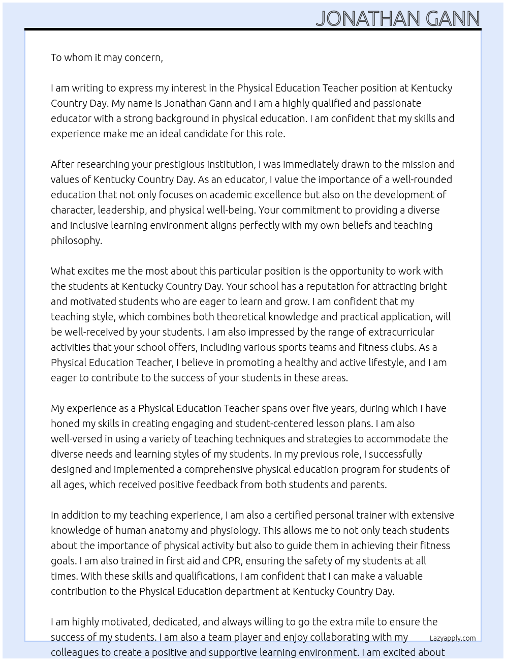 Physical Education Teacher At Kentucky Country Day Cover Letter