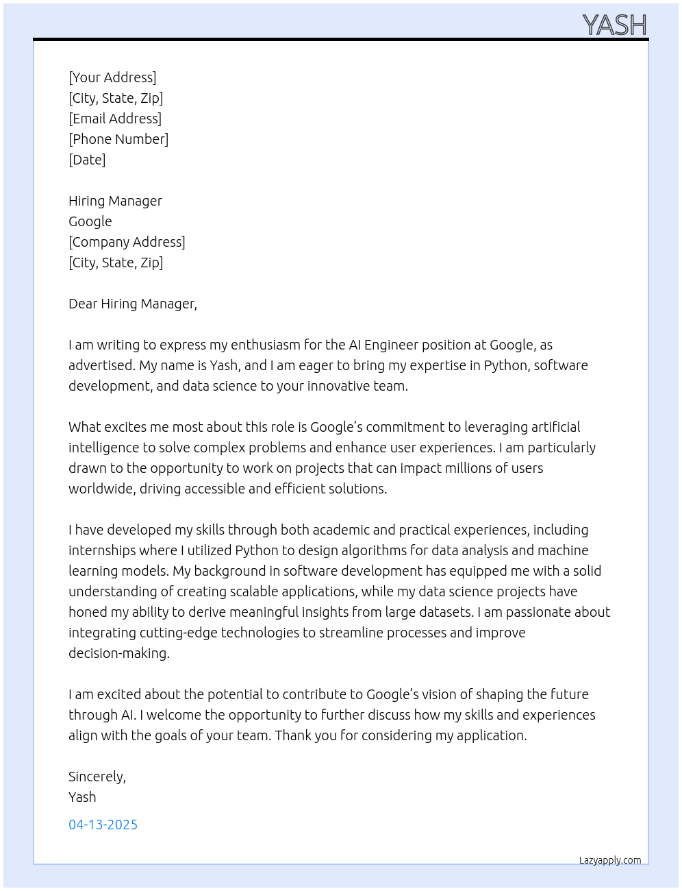 AI Engineer At Google Cover Letter