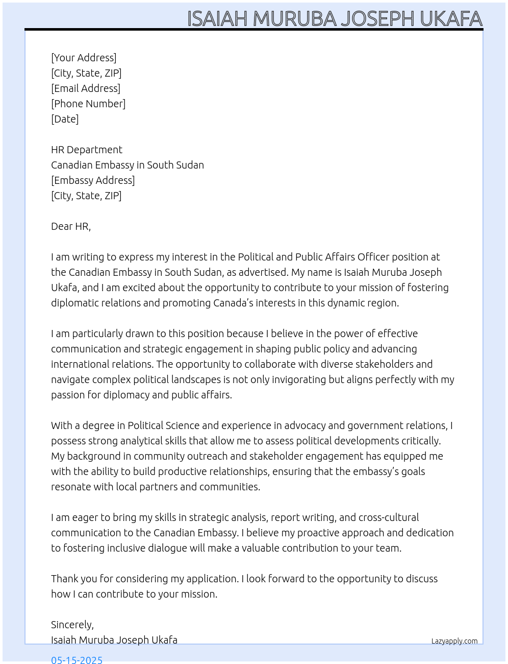 Cover letter for political and public affairs officer - LazyApply