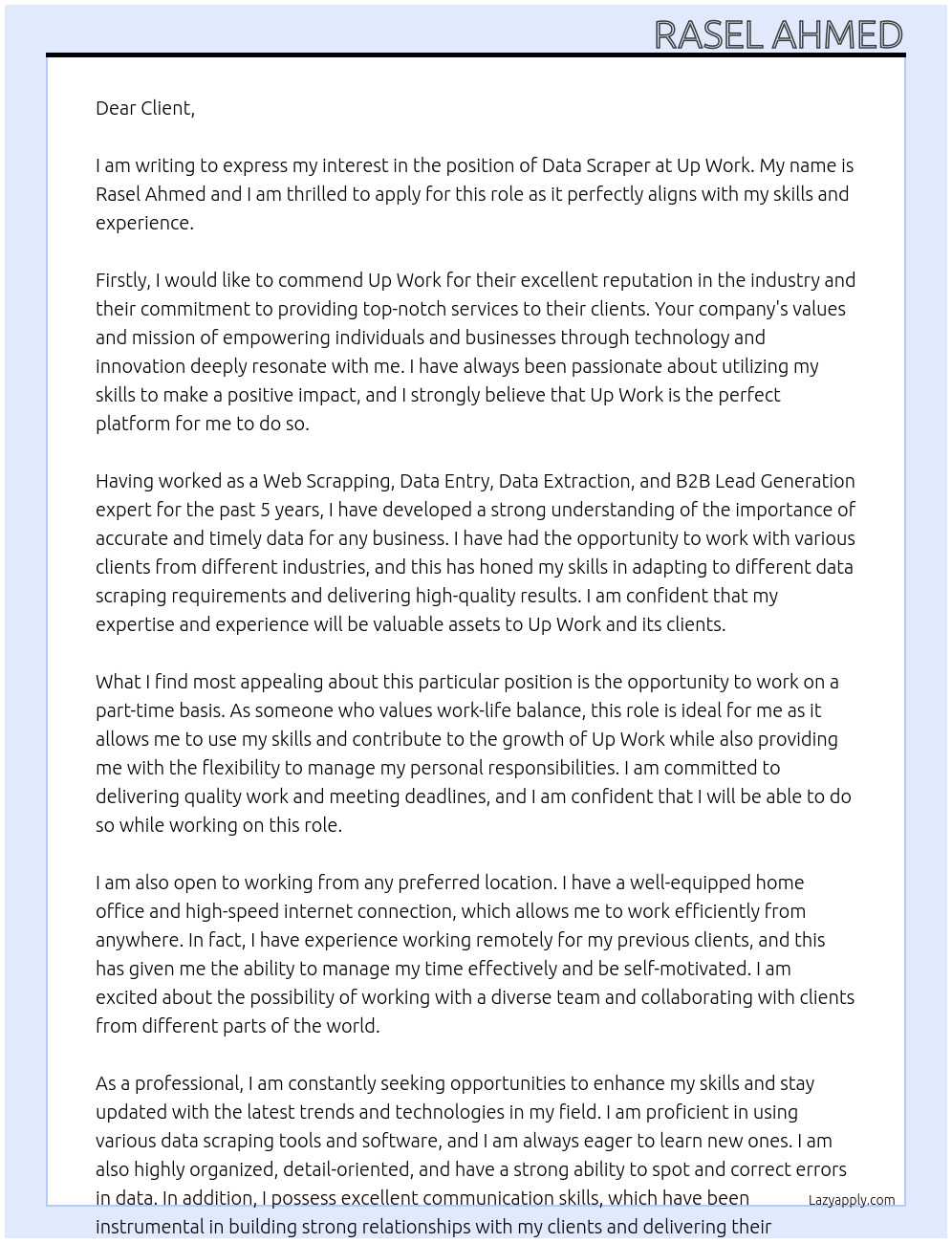 Data scrapper At Up work Cover Letter