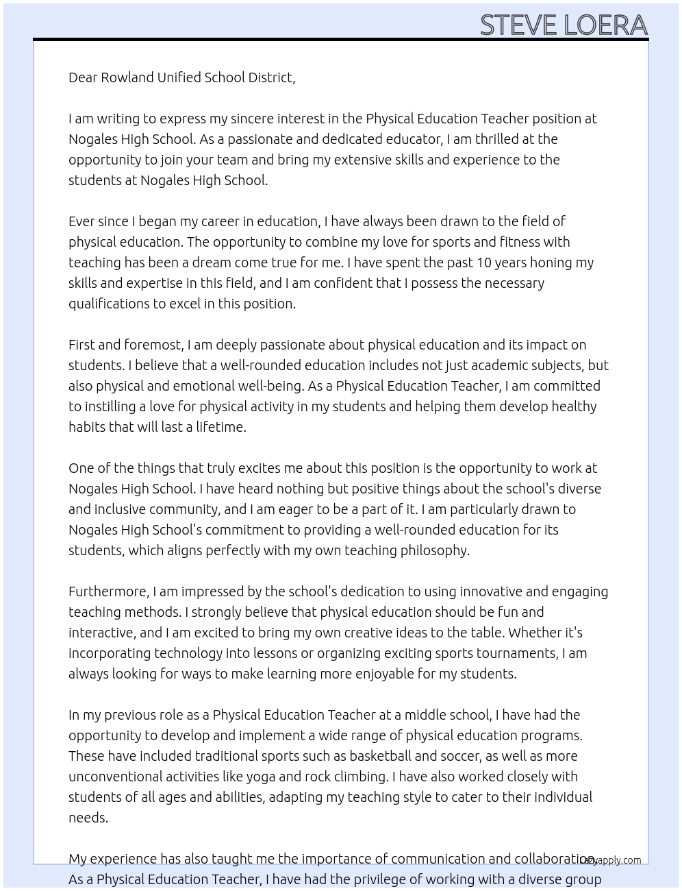 Physical Education Teacher At Nogales High School Cover Letter