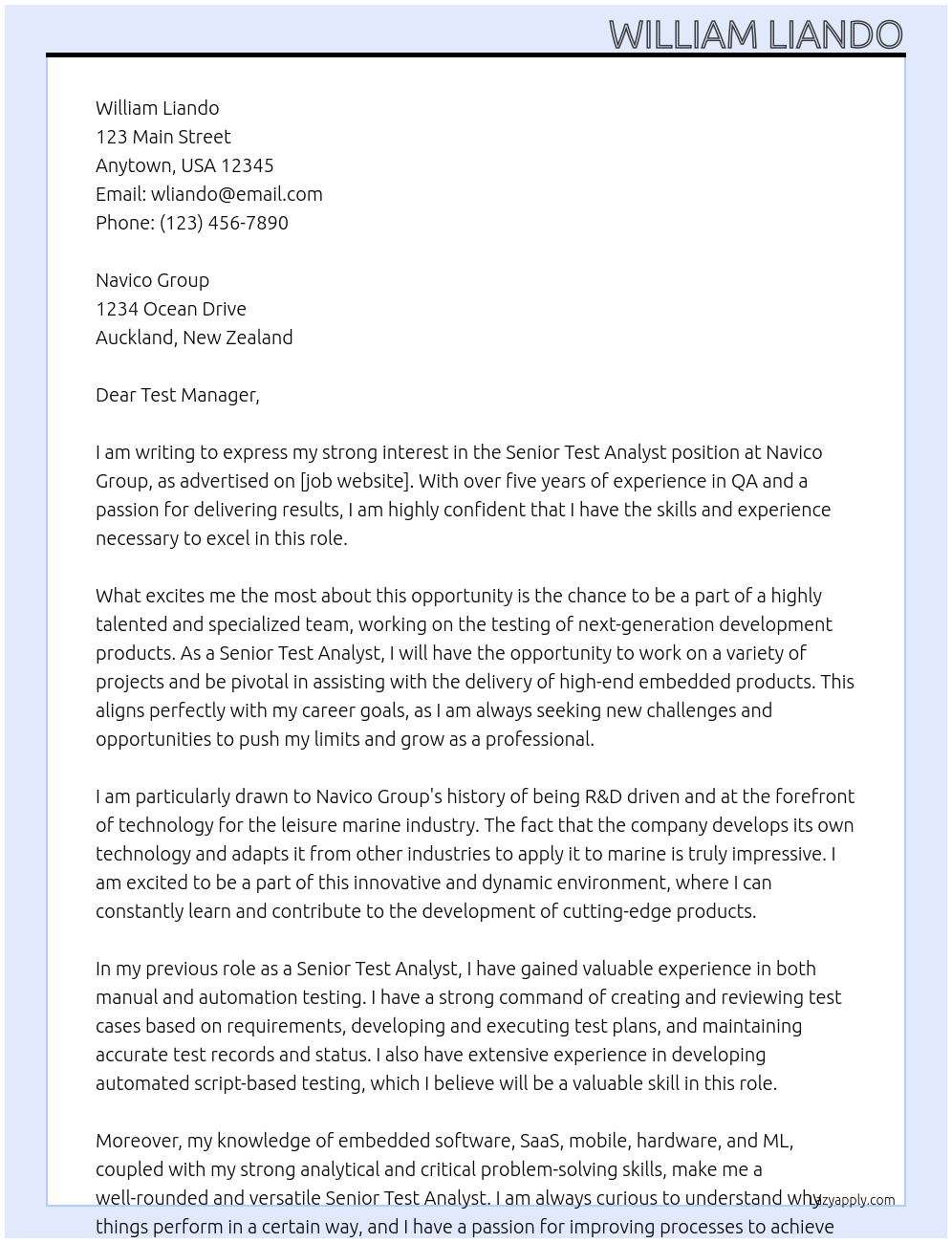 Software Tester At Navico Group Cover Letter