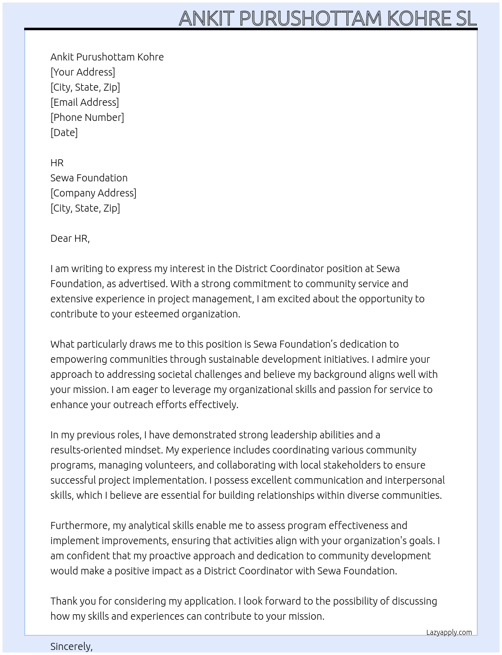 District Coordinator At Sewa Foundation Cover Letter
