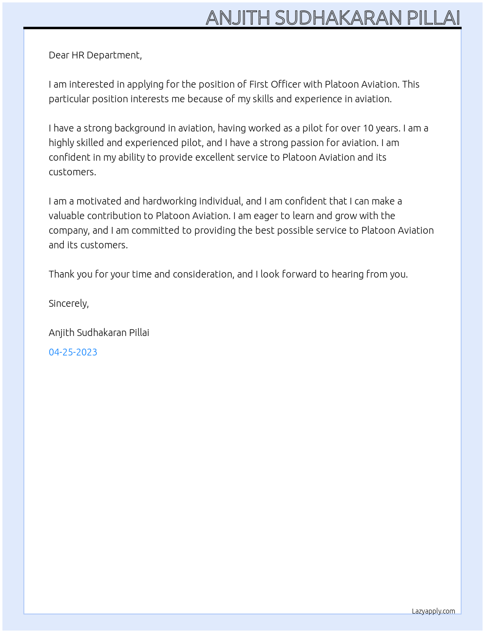 First Officer At Platoon Aviation Cover Letter