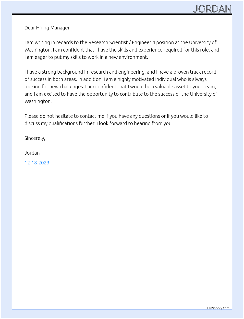 Research Scientist / Engineer 4 At University of Washington Cover Letter