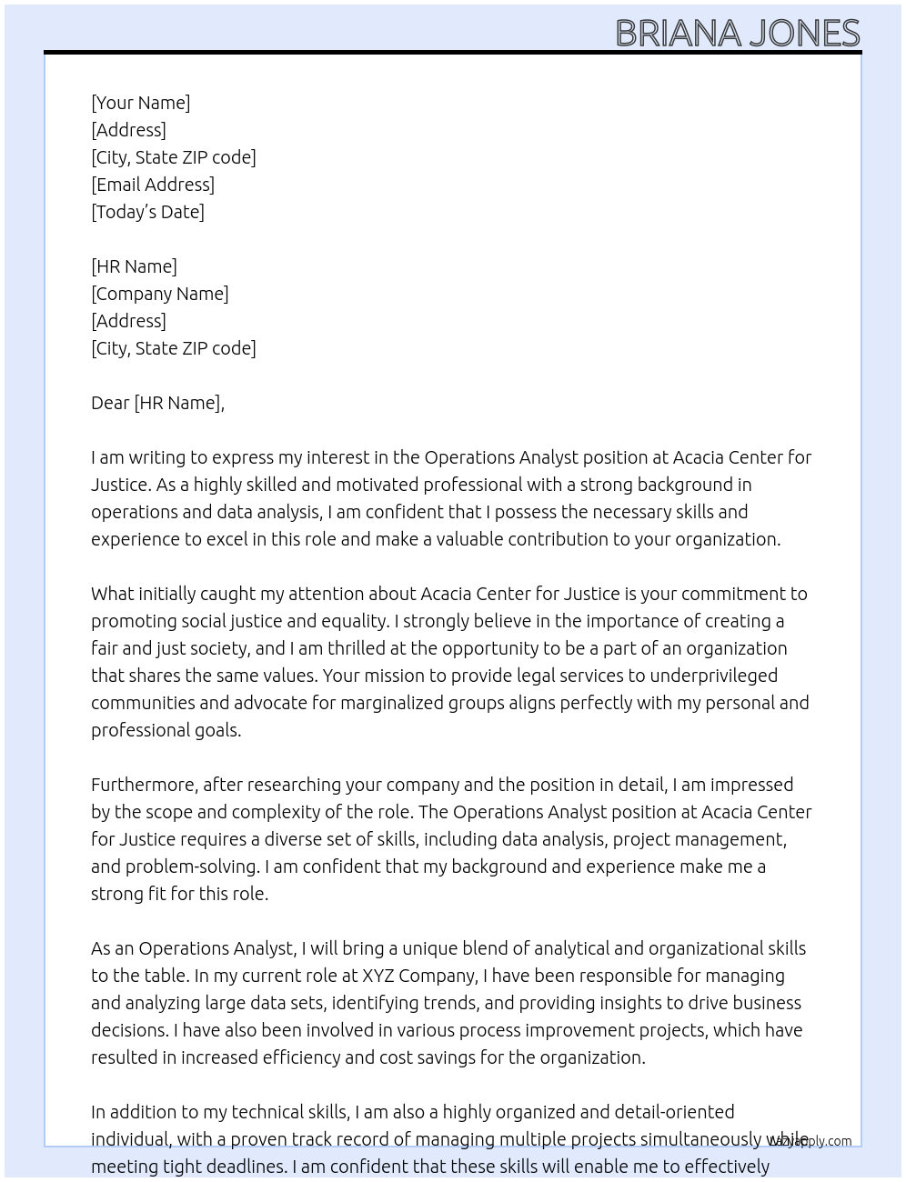 Operations Analyst At Acacia Center for Justice Cover Letter