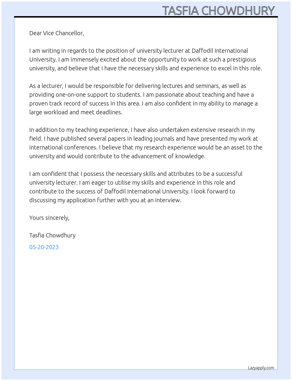 University lecturer  At Daffodil International University  Cover Letter