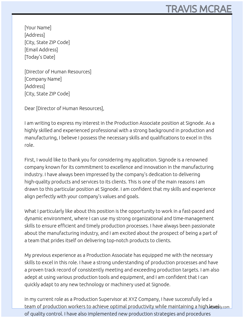 Production Associate At Signode Cover Letter