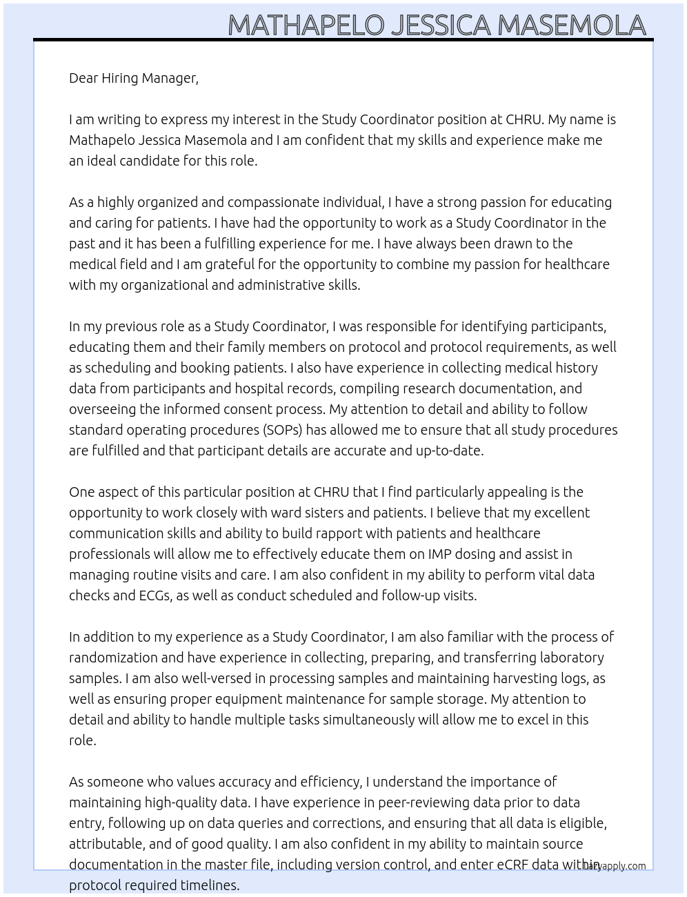 Study Coordinator At CHRU Cover Letter