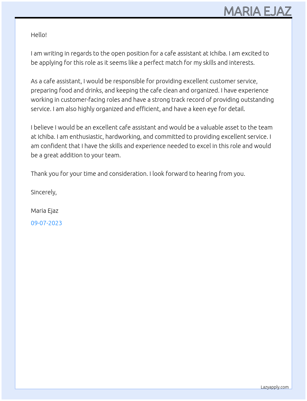 Cafe assistant  At Ichiba Cover Letter