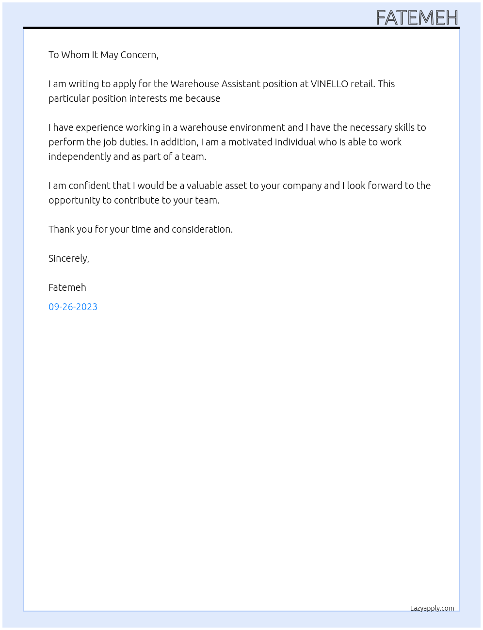 Warehouse assistant At VINELLO retail Cover Letter