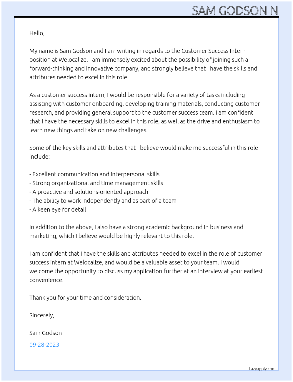 Customer Success Intern At Welocalize Cover Letter