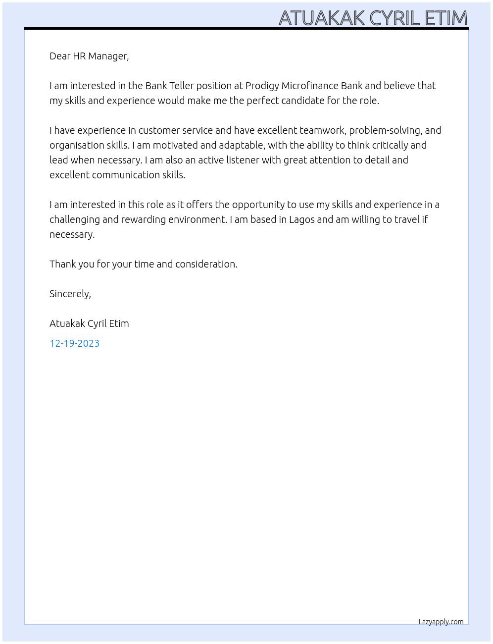 Bank Teller At Prodigy Microfinance Bank Cover Letter