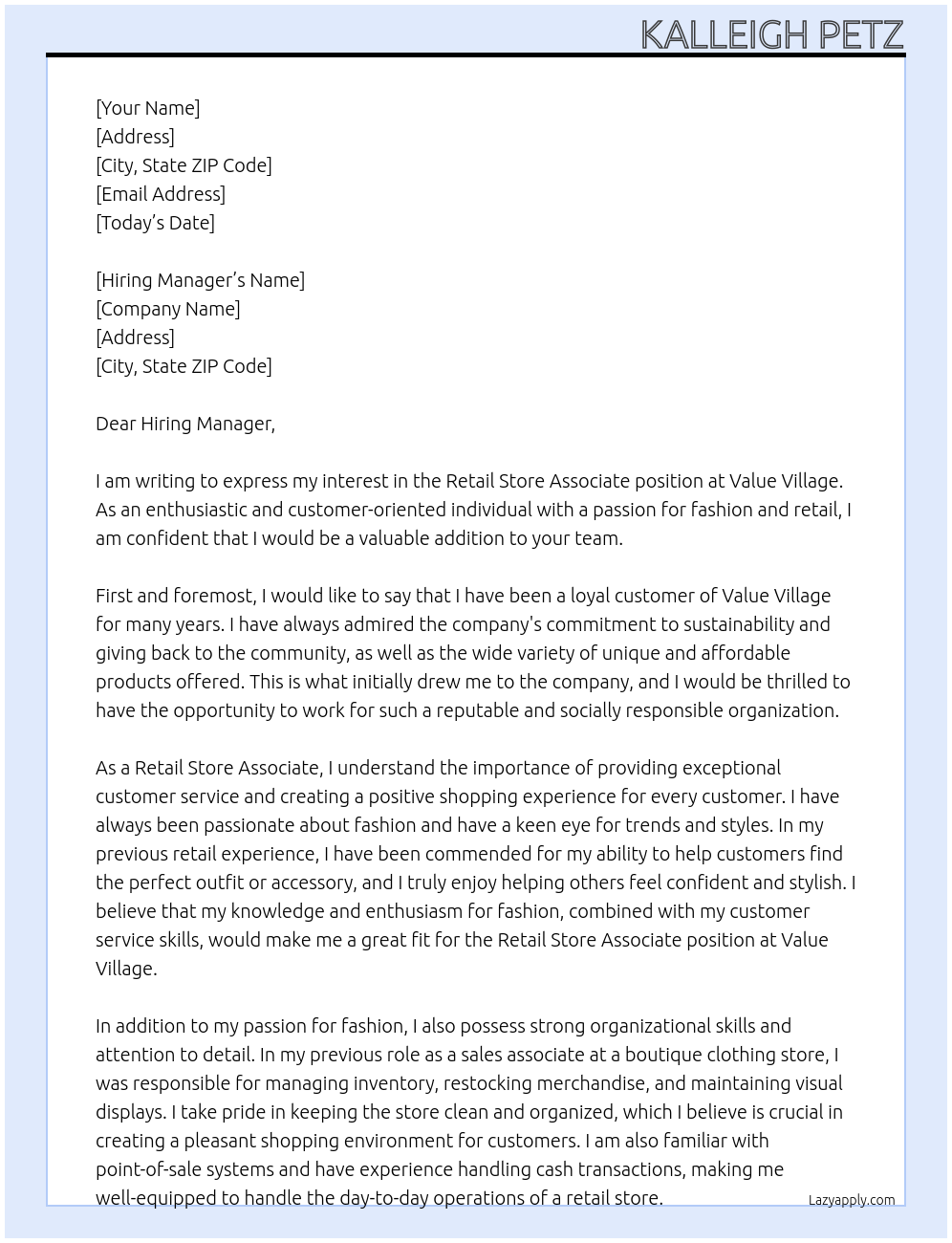 Cover letter for retail store associate - LazyApply