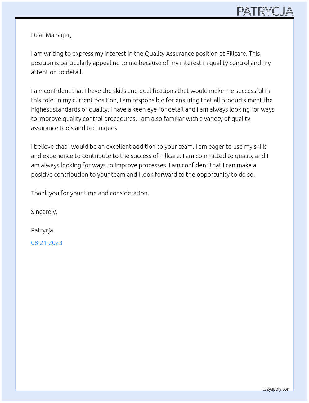 Quality assurance At Fillcare Cover Letter