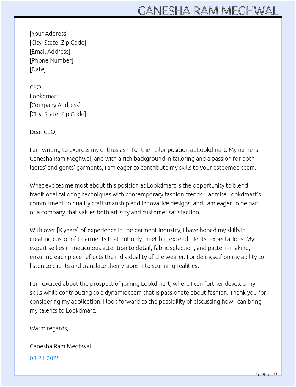 Cover letter for tailors - LazyApply