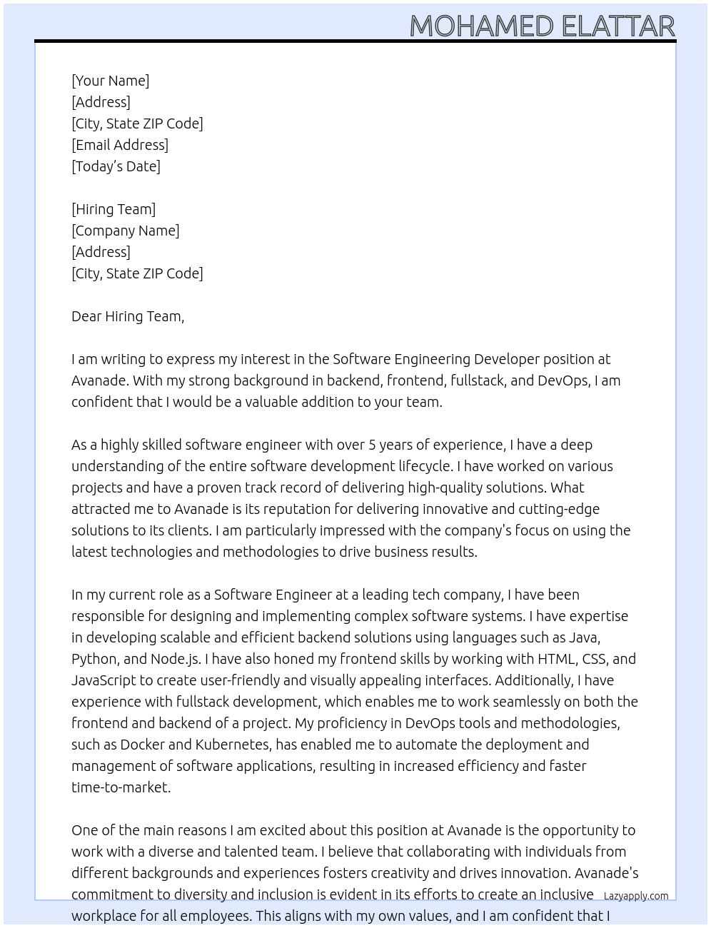 Software Engineering Developer (Backend, Frontend, Fullstack, DevOps) At avanade Cover Letter