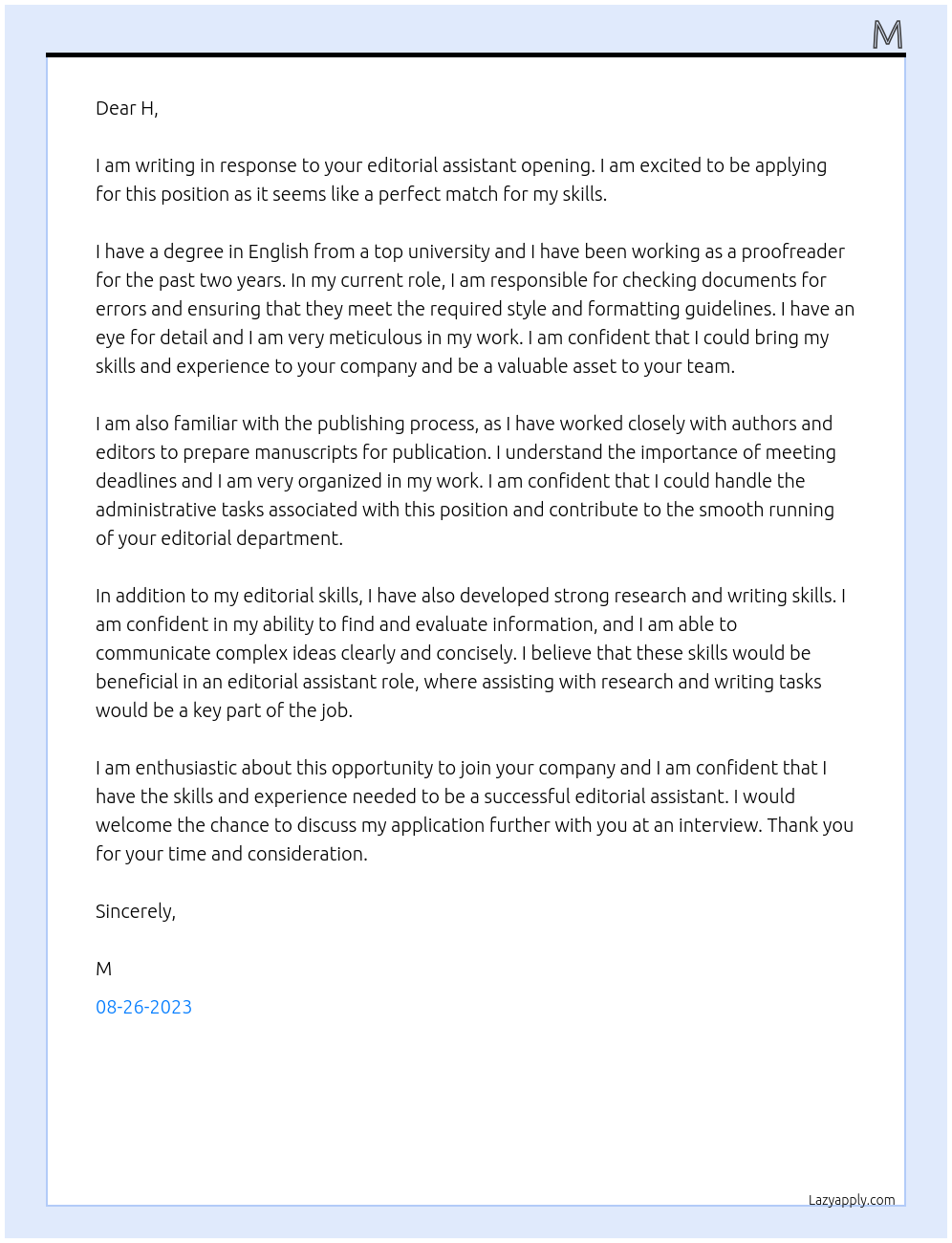 Editorial assistant  At H Cover Letter